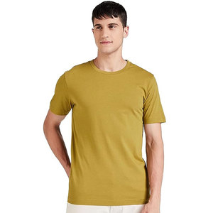 Camiseta de algodón de manga corta con cuello redondo para hombre, color sólido, ajuste regular, transpirable, informal, tejido de punto, color amarillo mostaza - Product Image 3