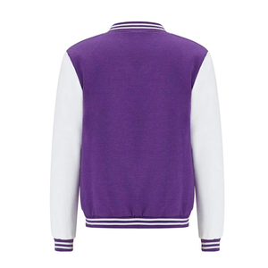 Custom Men's <b>Purple</b> <b>Varsity</b> <b>Jacket</b> Woolen Style White Sleeves Striped Trim Casual Autumn Wear OEM Wholesale Manufacturer - Product Image 2
