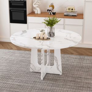 Tavolo da Pranzo Rotondo da 120 cm per 4 Persone, Stile Rustico in MDF con Finitura Bianca Effetto Marmo, Facile Montaggio, Capacità 136 kg, per Cucina/Sala da Pranzo - Product Image 2