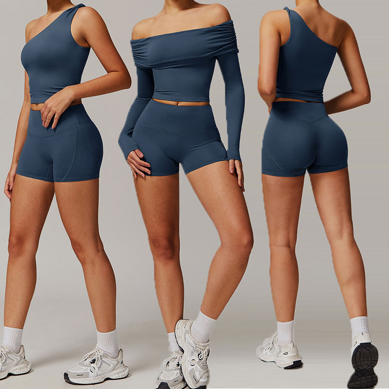 Asymmetric Off-The-Shoulder Long Sleeve Yoga Set High Waist Shorts 2 Piece Solid Color Spandex Polyester Seamless Workout Wear
