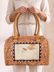 Hand <b>Tooled</b> Cowhide <b>Leather</b> Duffel Bag with Floral Pattern Polyester Lining and Zipper Closure for Women Travel Weekender - Product Image 4