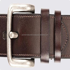 Ceinture décontractée en cuir de grain de finition lisse marron de luxe pour hommes avec boucle en laiton vintage argenté antique et coutures solides - Product Image 1