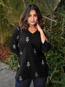 Kurti long imprimé en rayonne pour femme, à manches longues, col en V, tenue ethnique décontractée - Product Image 3