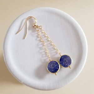 Boucles d'oreilles pendantes en forme de pièce de monnaie en lapis-lazuli, pierre précieuse naturelle bleu profond, plaqué or rose, bijoux faits à la main pour femmes - Product Image 1