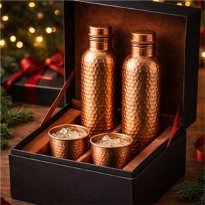 Premium Hammered Copper Water Bottle Set with Glasses Luxury Gift Box <b>Pure</b> Copper Drinkware Ayurvedic Health Benefits Bottle - Product Image 1