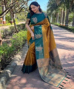 Sari tradicional indio de seda verde y dorado estilo Banarasi con borde estampado para bodas, sari largo hasta el suelo para mujer - Product Image 1