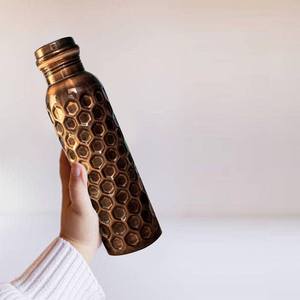 Hexagon Embossed Copper Water <b>Bottle</b> Geometric Texture Reusable Metal Drinking <b>Flask</b> Leakproof Daily Hydration <b>Bottle</b> - Product Image 1