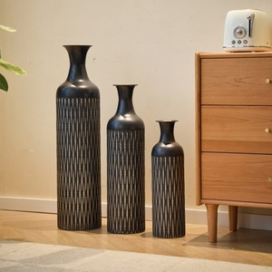 Modern <b>Black</b> Metal <b>Floor</b> <b>Vases</b> Set Handmade Geometric Pattern Decorative Home Accent Pieces for Living Room - Product Image 1