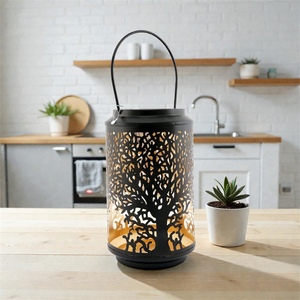 <b>Black</b> Iron <b>Lantern</b> With Tree Pattern Die Cutting Design Portable Home Decoration - Product Image 1