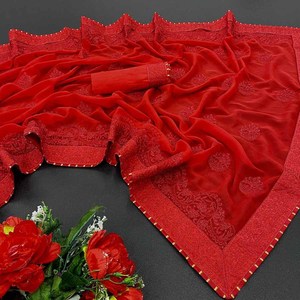 FANTAISIE SOIE DOUCE SAREE CHEMISIER NON COUDU GEORGETTE ET BRODERIE TRAVAIL ROUGE - Product Image 1