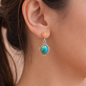 Boucles d'oreilles pendantes artisanales en turquoise bleue et turquoise orange, en argent sterling 925, style bohème |   Bijoux Artisanaux - Product Image 4