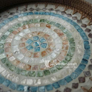 Bandeja con Incrustaciones de Mosaico, Bandeja Redonda de Ratán para Servir con Incrustaciones de Azulejos de Vidrio Concéntricos y Nácar - Product Image 2