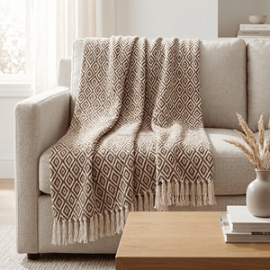 Recycled Cotton <b>Throw</b> with Small Grid Pattern and Fringe <b>for</b> Sofa Lounge <b>Chair</b> Bedroom and Warm Modern Interior Collections - Product Image 2