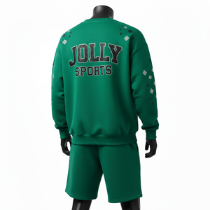 Conjunto de Sudadera y Pantalones Cortos de Felpa de Algodón Grueso GSM para Hombre, con Logotipo de Diamantes de Imitación Verdes, Estilo Urbano Personalizado - Product Image 5