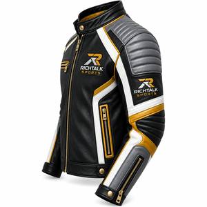 Blouson de moto en cuir véritable pour homme, noir, blanc, or, color block, col montant, fermeture éclair, coupe-vent, style motard - Product Image 3