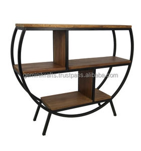 Table console en forme de demi-console en métal industriel moderne et bois de manguier massif, cadre en fer noir pour le salon, l'hôtel et le couloir. - Product Image 2
