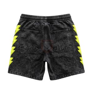 Shorts Negros con Lavado Ácido, Gráfico de Rayo Amarillo, Estilo Urbano, Denim para Hombre, Estilo Retro, Algodón Grueso, Corte Holgado, Shorts de Verano - Product Image 2