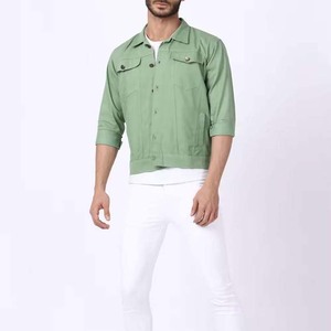 Chemise-veste en toile de coton verte pour homme, col rabattu décontracté, coupe classique, respirante, tissée, couleur unie, fermeture boutonnée, idéale pour le printemps - Product Image 5