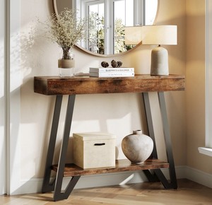 Mesa Consola de Madera Rústica Moderna con Base de Metal y Estante de Almacenamiento para Entrada o Sala de Estar - Product Image 1