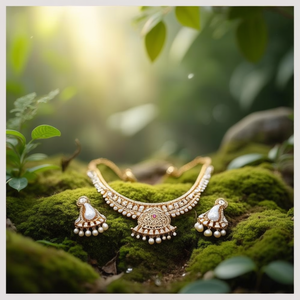 Ensemble de collier Designer 11058730GL plaqué or 18 carats en titane avec imitation de diamant américain, perle et zircon - Ensemble de bijoux fins - Product Image 1