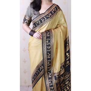 Sari traditionnel indien/pakistanais en soie douce Chickoo tissée avec des fils Zari, art Warli, vêtements élégants - Product Image 2