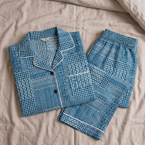 Ensemble de pyjama en coton indigo fait main, imprimé au bloc, pour la détente, les soirées, les vacances et la nuit - Product Image 1