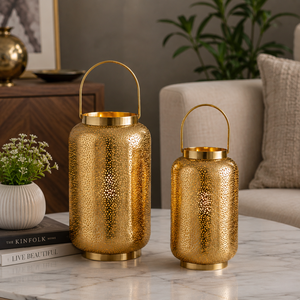 K GOLDEN <b>BRASS</b> Vintage Decorative Handmade Metal Hurricane <b>Lantern</b> Candle Holder Set Rustic for Living Room Patio Home - Product Image 4