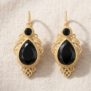 Factory Price Black Onyx Earrings 925 <b>Sterling</b> <b>Silver</b> 18K Gold Plated 5 Inch 15g Round 8mm Pear Cut Wholesale Jewelry - Product Image 2
