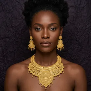 Juego de collar nupcial africano chapado en oro de 18 quilates |   Piedras Naturales Estilo Dubái, Joyería de Boda de Lujo Chapada en Oro para Mujer - Product Image 4