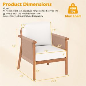 <b>White</b> Boho Acacia <b>Wood</b> <b>Chair</b> with Woven Rope Armrests Cushioned Outdoor Accent <b>Chair</b> for Porch Balcony - Product Image 5