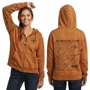 Sudadera con capucha vintage para mujer, con cremallera, estampado de mapa topográfico en la manga, diseño de aventura al aire libre y bajo desgastado. - Product Image 1