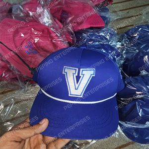 Blue 6-Panel Baseball <b>Cap</b> With White V Embroidery Mesh Fabric Unisex Casual Fit Spring <b>Summer</b> Wear - Product Image 1
