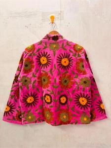 Handmade Pink <b>Velvet</b> Embroidered Suzani <b>Jacket</b> with Floral Pattern Full Sleeve Stand Collar Handmade Bohemian Winter Coat - Product Image 2