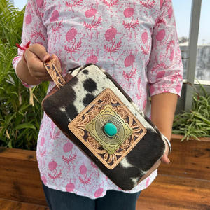 Neceser de viaje de cuero mecanizado a mano, bolsa de cosméticos de piedra turquesa de gran capacidad, bolsa de maquillaje de almacenamiento portátil de piel de vaca, novedad de 2025 - Product Image 4