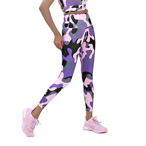 High Waist Full Length Yoga <b>Leggings</b> <b>With</b> Pink Purple Camouflage Print Spandex Polyester Four-Way Stretch Elastic Waist <b>Pockets</b> - Product Image 1