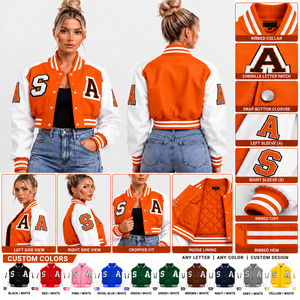 <b>Women</b>’s Custom Cropped Varsity <b>Jacket</b> Purple & White Chenille Letterman <b>Jacket</b> with <b>Embroidered</b> Patches <b>Women's</b> <b>Jackets</b> - Product Image 1