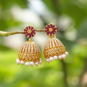 Ruby Chakra Small Jhumkis-Trendy Ethnic Flower Earrings with Diamond and Pearl Accents - Product Image 3