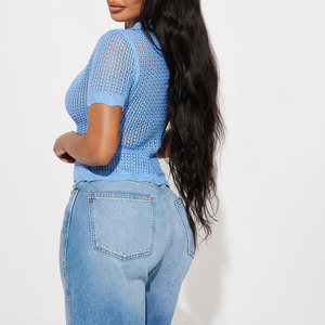Elegant Women's Blue Knitted Button Up <b>Crop</b> Top <b>Short</b> <b>Sleeve</b> Sexy Club Wear Summer Breathable <b>Cardigan</b> Solid Color Flat Knit Top - Product Image 2