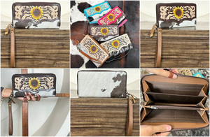 Cartera de Cuero Genuino Hecha a Mano con Diseño Bohemio de Girasol y Cremallera, Estilo OEM/ODM de Lujo 2026 para Mujer - Product Image 3