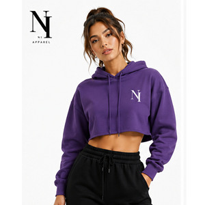 Sweat à capuche court pour femme, violet uni, à manches longues, avec lettres brodées, décontracté, pour l'automne, en polaire respirante - Product Image 6
