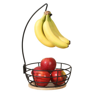 Panier à fruits en fil métallique noir avec crochet pour bananes, base en bois, bol à légumes - Product Image 3