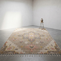 Handgetufteter, handgewebter moderner Jute-Teppich, rutschfest, dick, mittelhohem Flor, beige, mehrfarbig, mit floralem geometrischem Muster, gefranst, strukturiert