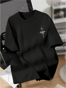 T-shirt noir pour homme, coupe classique, imprimé boussole de montagne sur le devant, manches courtes, jersey décontracté, 100% coton, respirant - Product Image 2