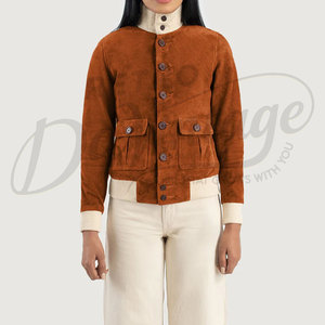 Women Tan Genuine Suede <b>Leather</b> Button Up <b>Jacket</b> Slim Fit Premium Goat Suede Casual Winter Bomber Outerwear Fashion Coat - Product Image 3