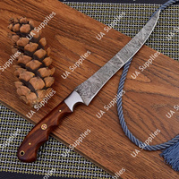 Couteau à filet en damas forgé à la main de qualité supérieure, lame à motifs durable et écologique, manche en bois de rose, ultra-affûté, étui en cuir