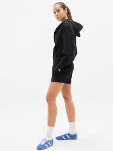 Sweat-shirt à capuche court noir en molleton bouclette coupe droite unisexe, couleur unie, respirant, tricoté, pour l'été, 100% coton - Product Image 4