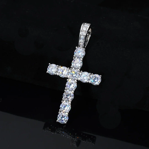 Colgante de cruz de moissanita plateada en tono blanco con cadena de tenis de 4 mm, conjunto de collar de joyería llamativa estilo Hip Hop, collar religioso con cruz - Product Image 1