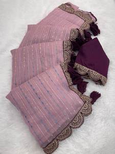 Pink Embroidered Saree Net Unstitched Indian Traditional Wear Heavy Blooming Vichitra <b>Silk</b> <b>Fabric</b> Floor-Length Regular Fit for - Product Image 2