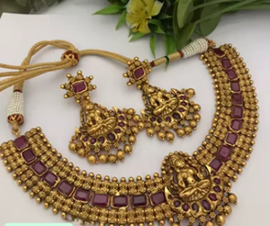 Ethnic Premium Quality Brass Gold Plated Moissanite Temple Necklace <b>Set</b> with Earrings for Wedding & Party Wear Collection Women - Product Image 2