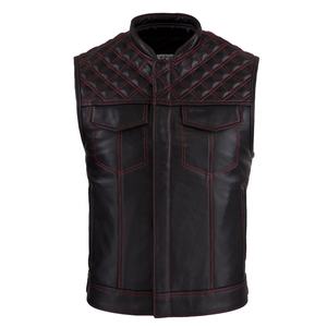 Leather Moto <b>Vest</b> 2022 New Biker Diamond Style Red Stitch <b>Black</b> Genuine Lambskin Leather Motorcycle <b>Vest</b> - Product Image 1
